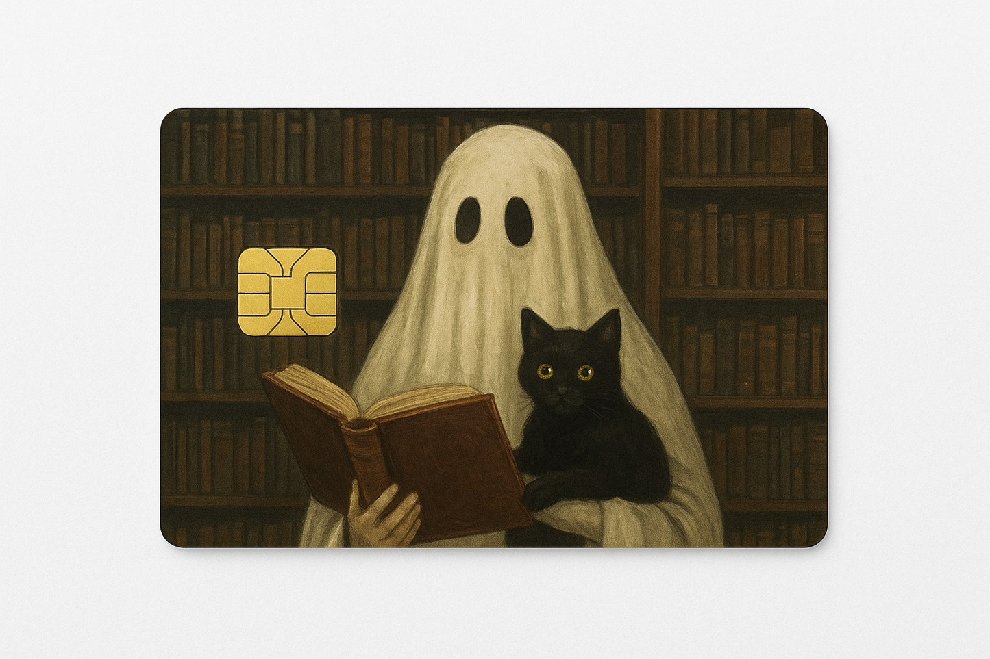 Ghost & Cat Library Debit Card Skin – Spooky Book Lover Design