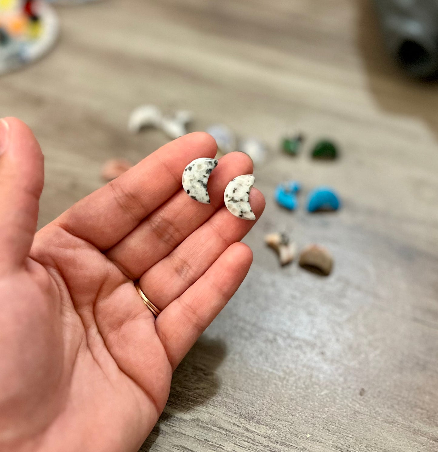 Kiwi Stone Crescent Stud Earrings – Hypoallergenic