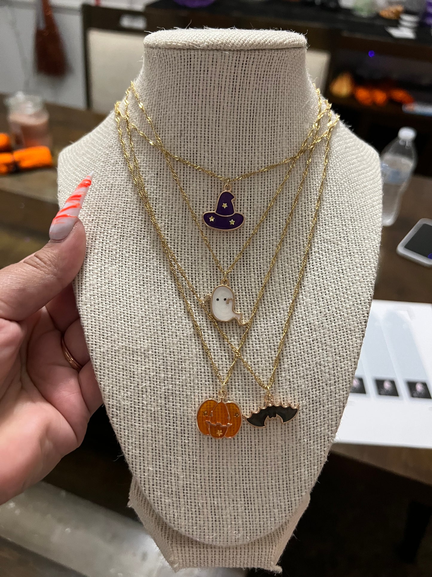 Halloween Charm Necklaces | Witch Hat, Ghost, Pumpkin & Bat | Stainless Steel 18K Gold Chains|