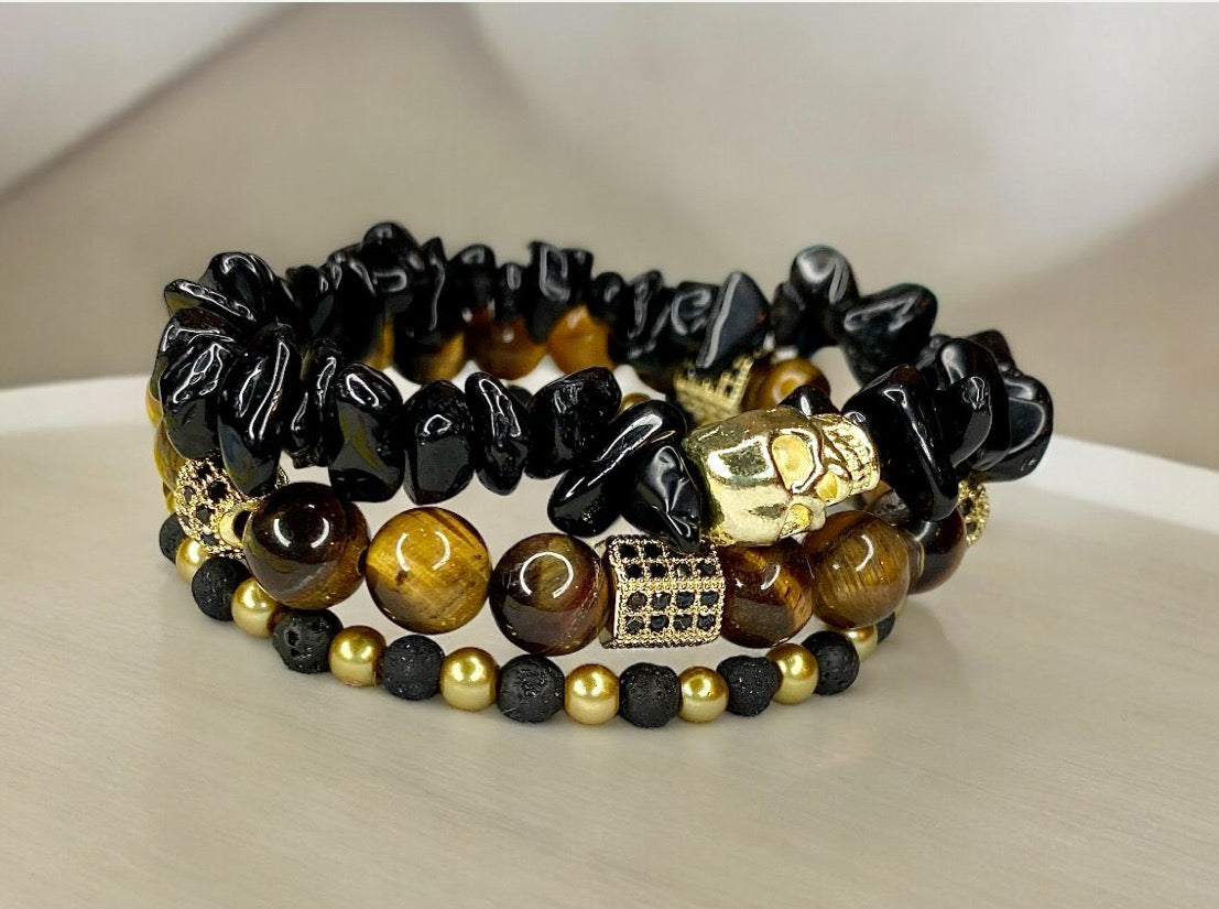 Tiger Eye - Lava Stone - Obsidian Unisex Skull Bracelet Set