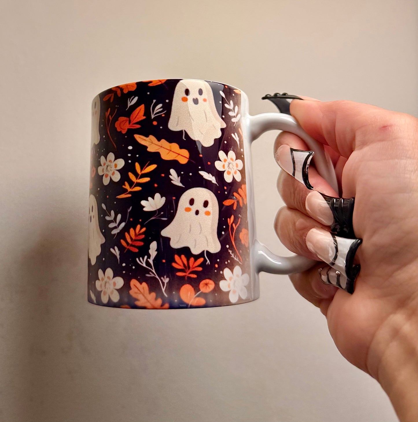 Adorable Ghost & Fall Pumpkin White Coffee Mug – 11 oz white Ceramic