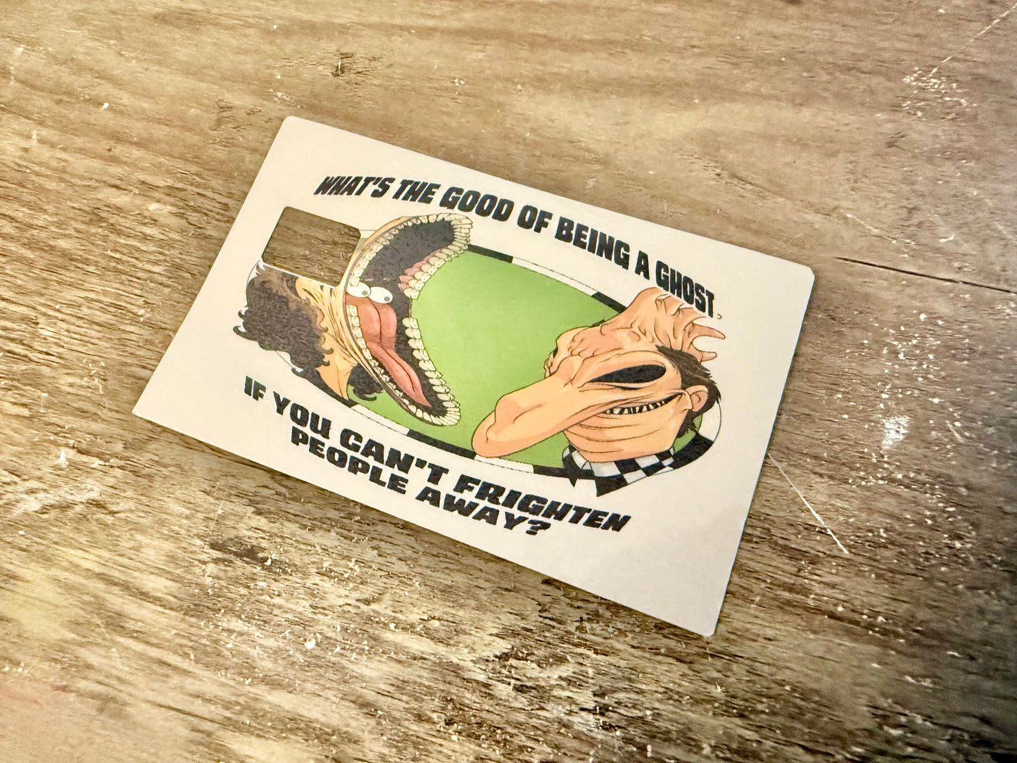 Beetlejuice Debit Card Skin: White & Green Ghost Design