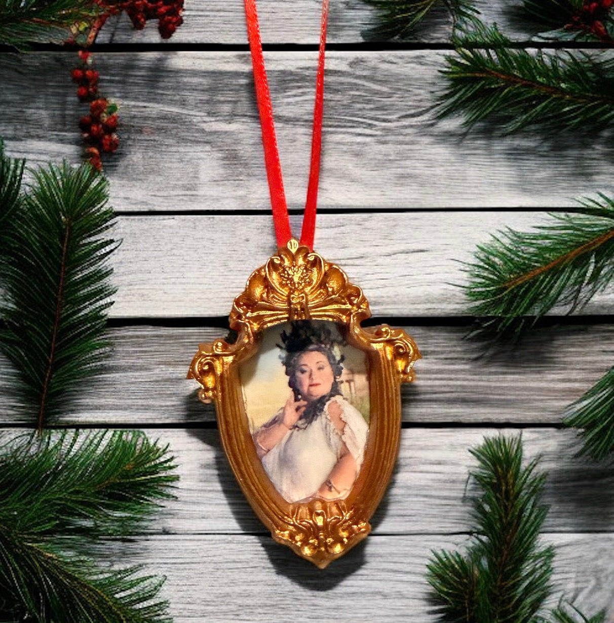 Grand Staircase Fat Lady Ornament – Regal Portrait in an Ornate Gold Frame