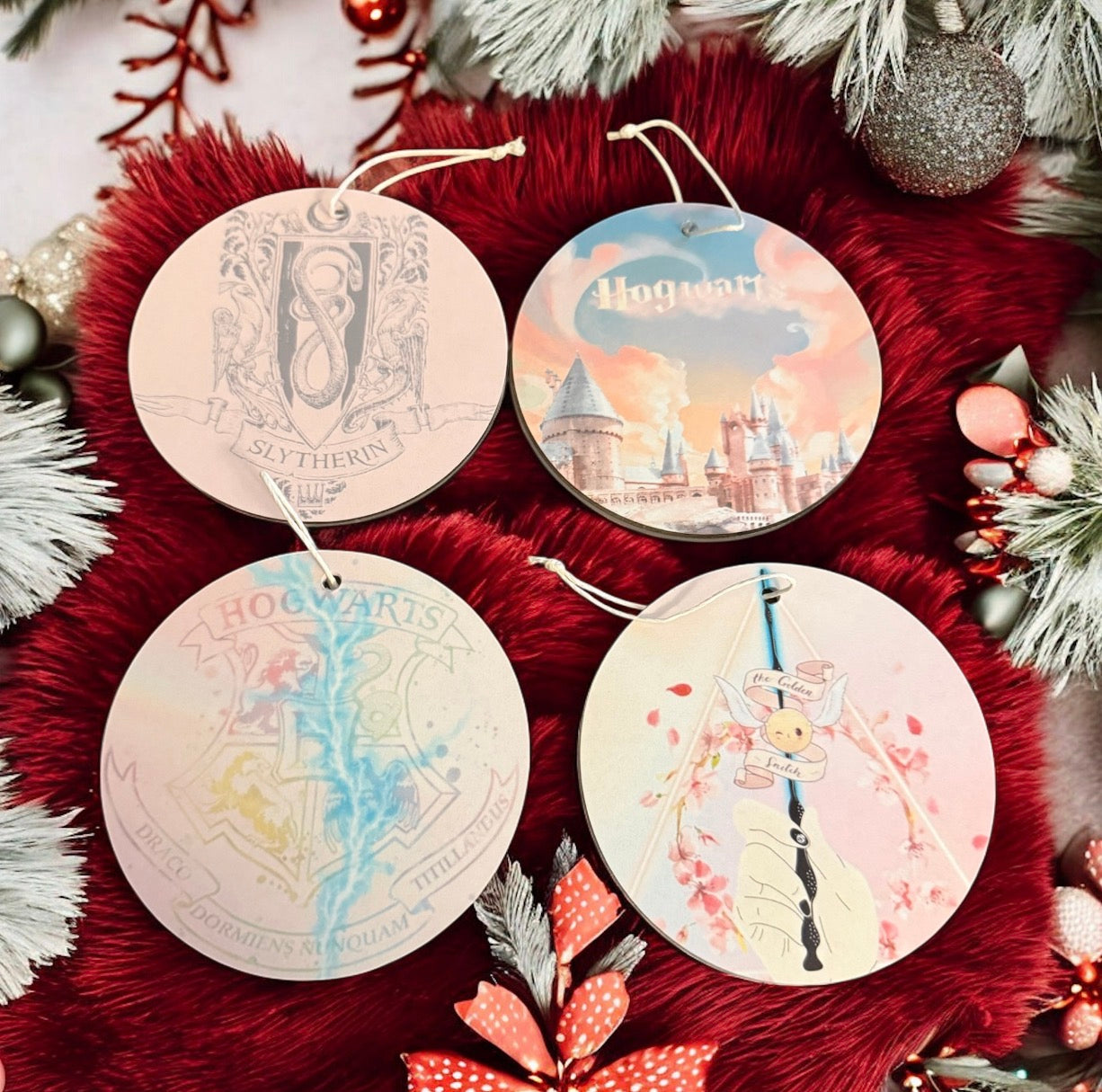 Slytherin & Hogwarts Ornament Set – 4-Piece Acrylic Holiday Collection (Pastel Wizard Aesthetic)