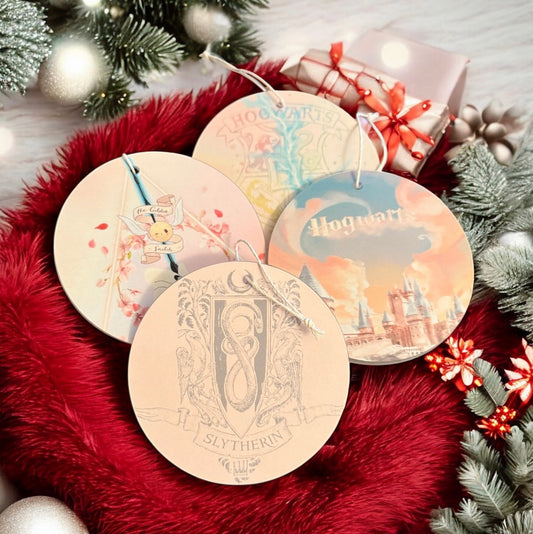 Slytherin & Hogwarts Ornament Set – 4-Piece Acrylic Holiday Collection (Pastel Wizard Aesthetic)