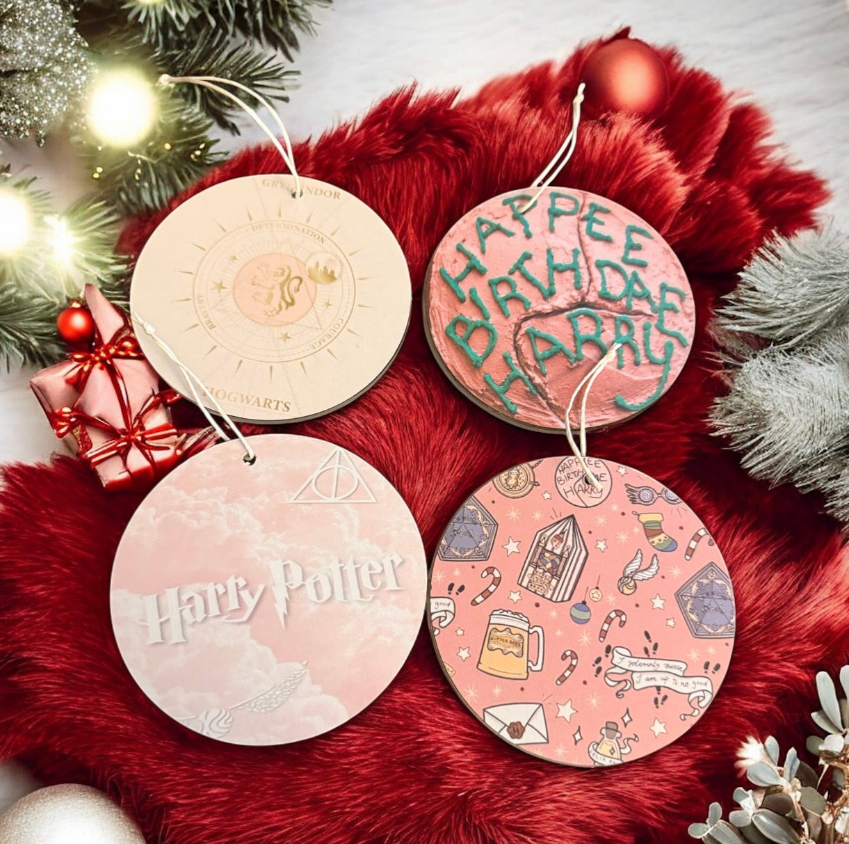 Harry’s Famous Birthday Cake Ornament Set – 4-Piece Pink Wizard Aesthetic Acrylic Ornaments