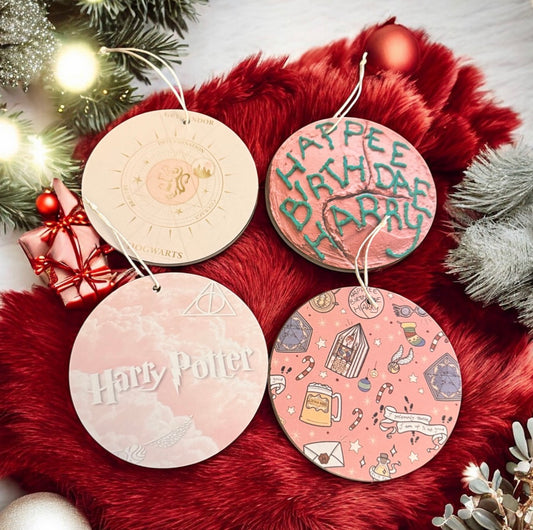 Harry’s Famous Birthday Cake Ornament Set – 4-Piece Pink Wizard Aesthetic Acrylic Ornaments