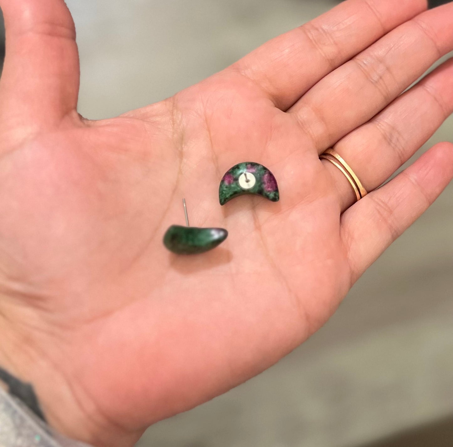 Ruby Zoisite Crescent Moon Stud Earrings – Natural Gemstone Half-Moon Studs