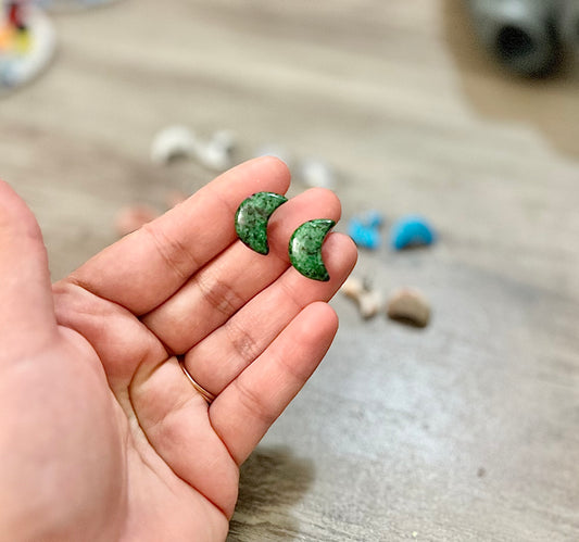 Ruby Zoisite Crescent Moon Stud Earrings – Natural Gemstone Half-Moon Studs
