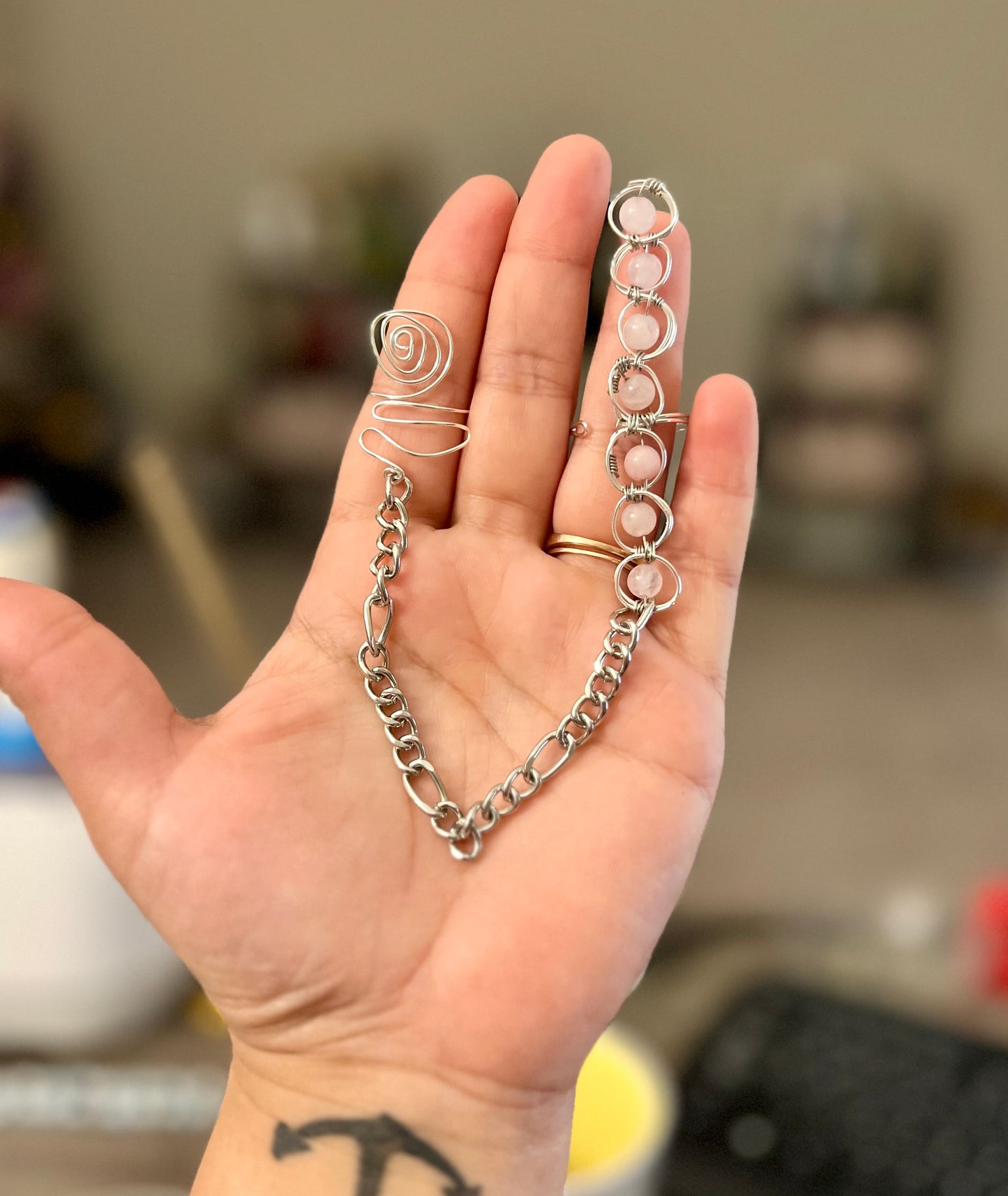 Silver & Stainless steel Rose Quartz Wand Ring