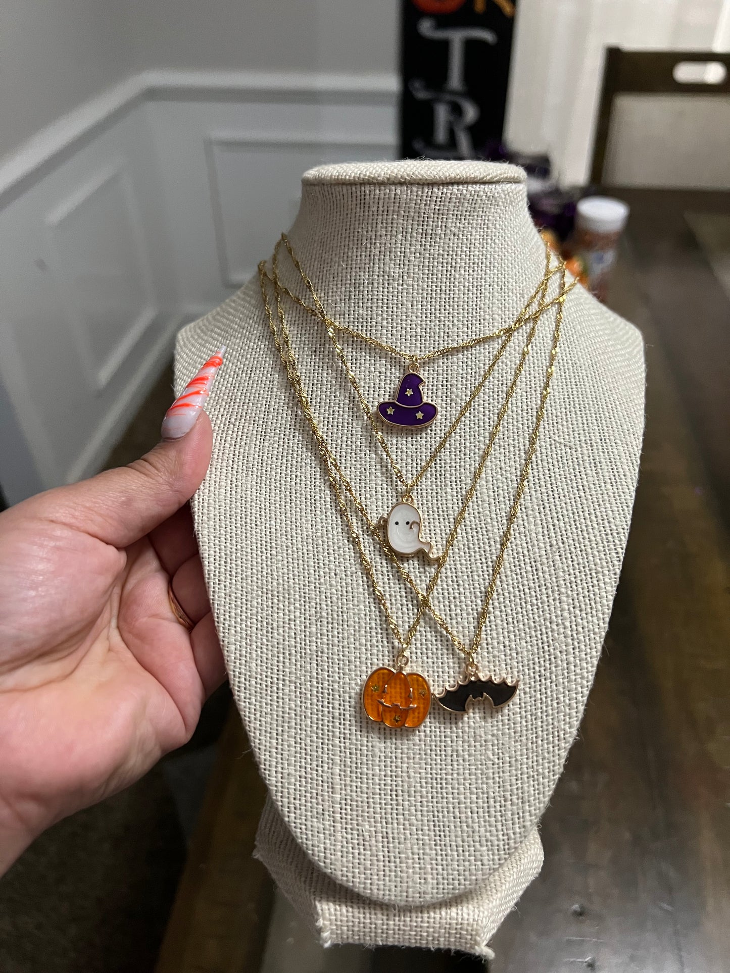 Halloween Charm Necklaces | Witch Hat, Ghost, Pumpkin & Bat | Stainless Steel 18K Gold Chains|