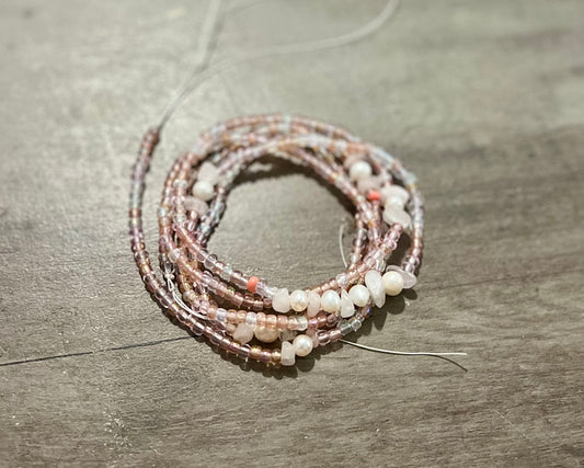 Rosy In Love Waist beads - Rose quartz and Fresh Pearl Waist beads