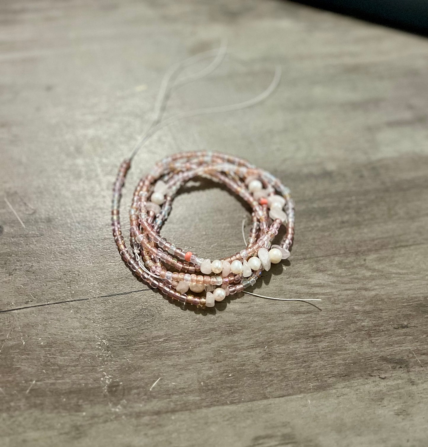 Rosy In Love Waist beads - Rose quartz and Fresh Pearl Waist beads