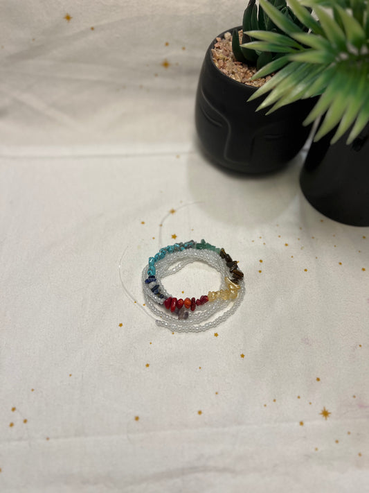 Chakra Mini Chip Waist beads - Chakra Waist Beads - White & Rainbow Waist beads