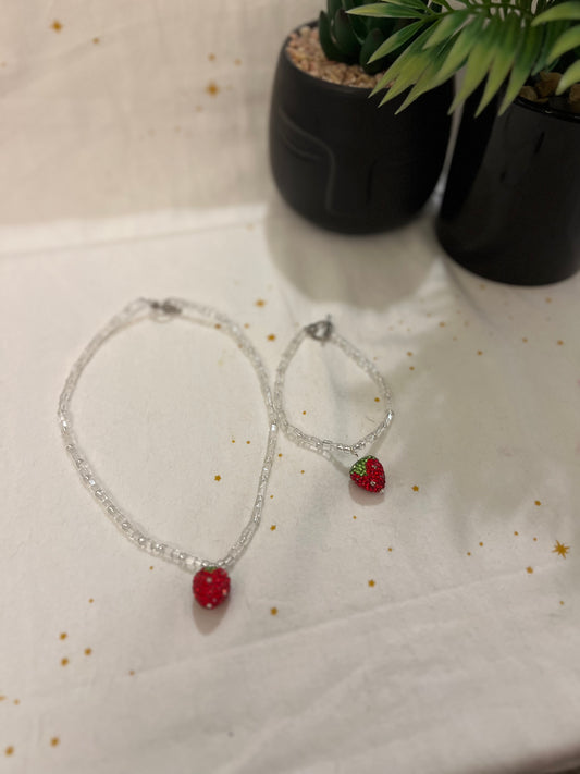 Strawberry Sparkle Beaded Necklace – Clear and Silver Lined Beads | Matching Set for Adults, Kids and bubu, matching charm necklaces