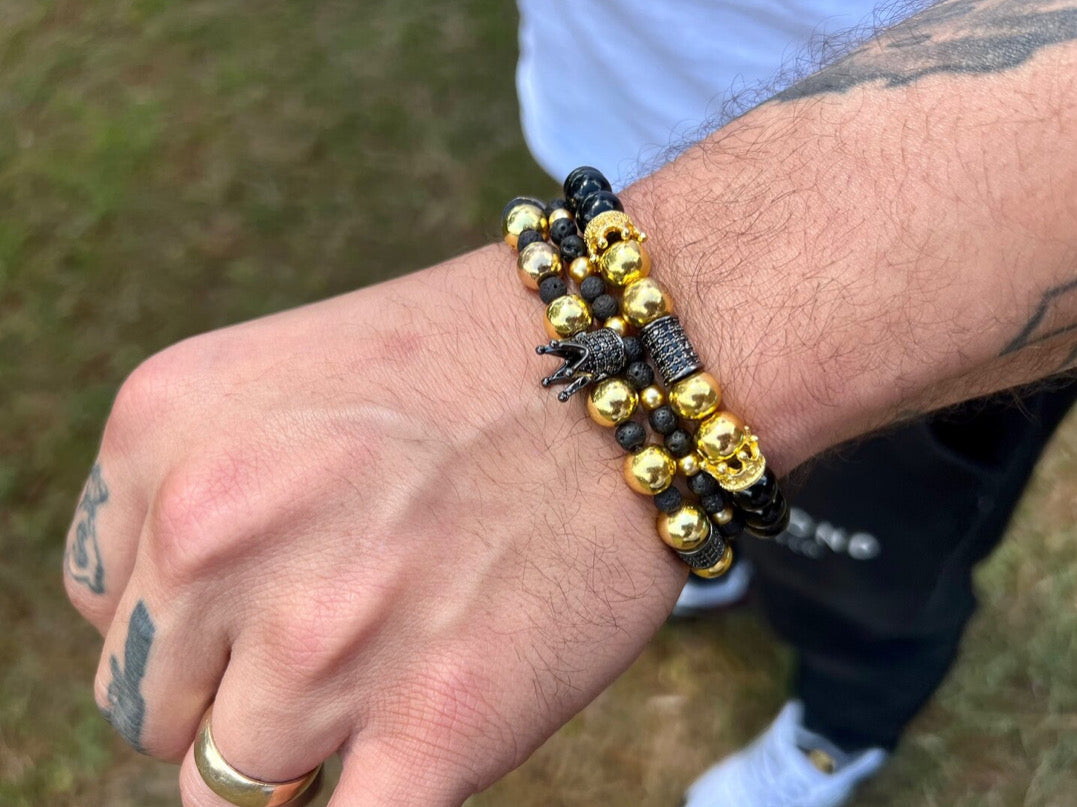 Black Obsidian & Gold Hematite King Bracelet Set | Gold Hematite