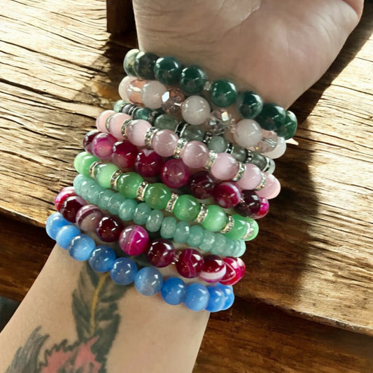 Healing Crystal Gemstone Bracelets – Handmade Beaded Energy Bracelets (Sold Separately) | Jasper, Rose Quartz, Fluorite, Aventurine & More