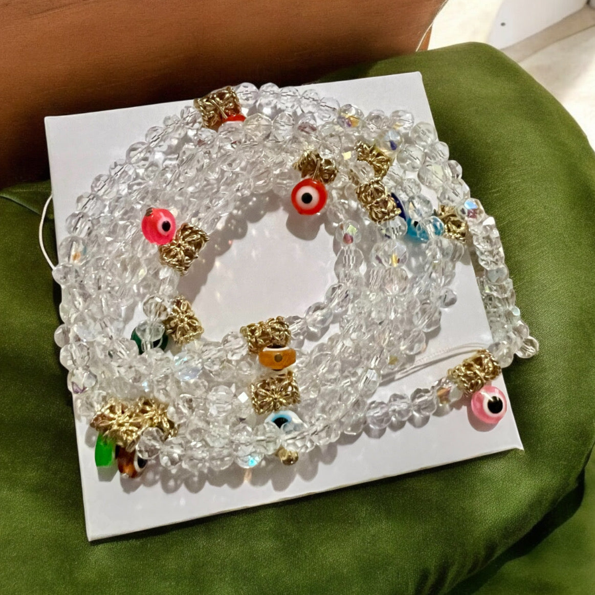 Crystal Evil Eye Waist Beads | Clear Glass Waist Beads with Multicolor Evil Eye Charms