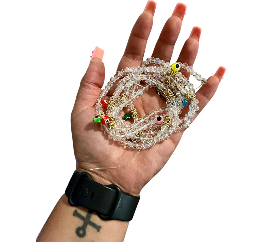 Crystal Evil Eye Waist Beads | Clear Glass Waist Beads with Multicolor Evil Eye Charms