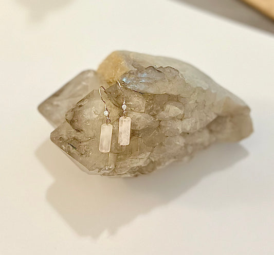 18K Plated With Cubic Zirconia & Rose quartz tube earrings