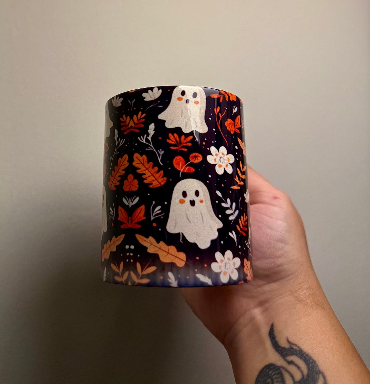 Adorable Ghost & Fall Pumpkin White Coffee Mug – 11 oz white Ceramic