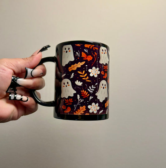 Adorable Ghost & Fall Pumpkin black Coffee Mug – 15 oz Black Ceramic