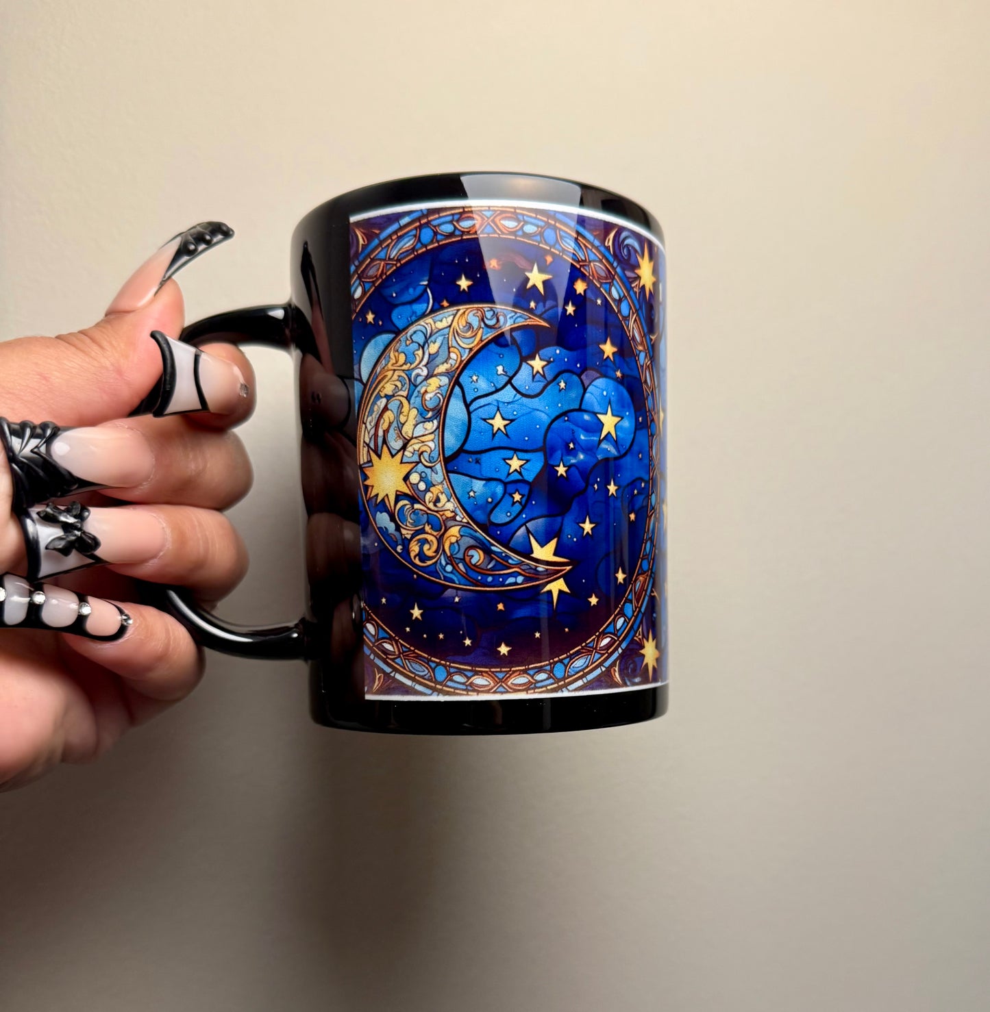 Celestial Stained Glass look black Moon Mug – Starry Night 15 oz Ceramic Coffee Cup