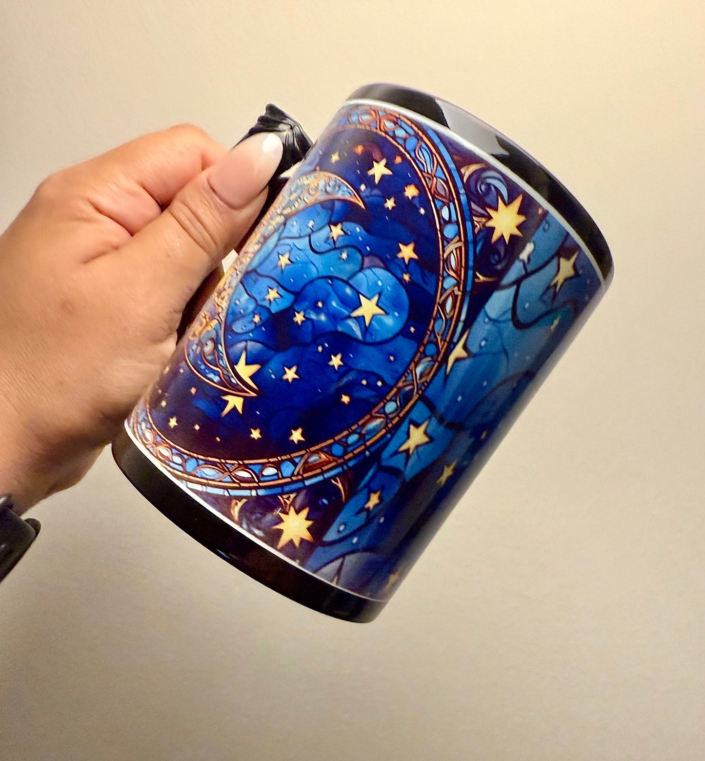 Celestial Stained Glass look black Moon Mug – Starry Night 15 oz Ceramic Coffee Cup