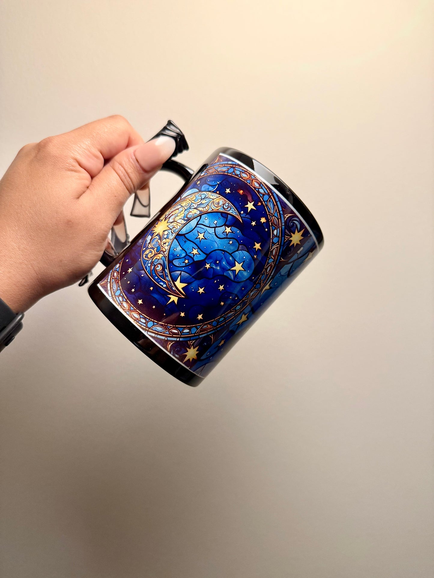 Celestial Stained Glass look black Moon Mug – Starry Night 15 oz Ceramic Coffee Cup