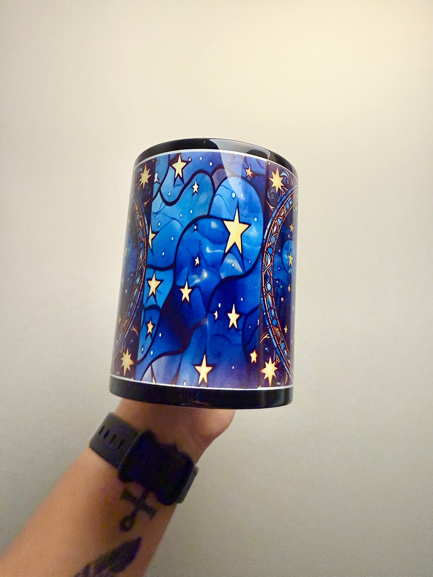 Celestial Stained Glass look black Moon Mug – Starry Night 15 oz Ceramic Coffee Cup
