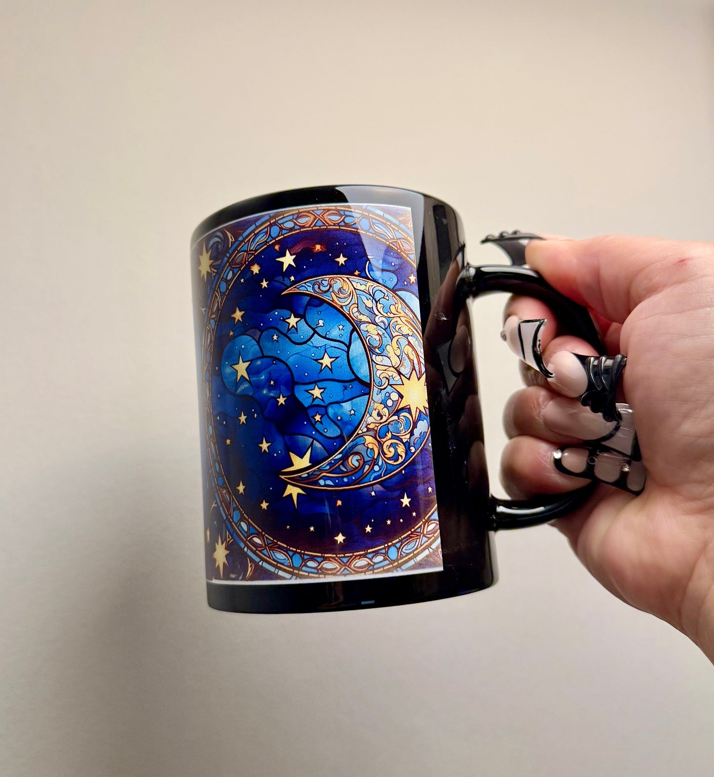 Celestial Stained Glass look black Moon Mug – Starry Night 15 oz Ceramic Coffee Cup