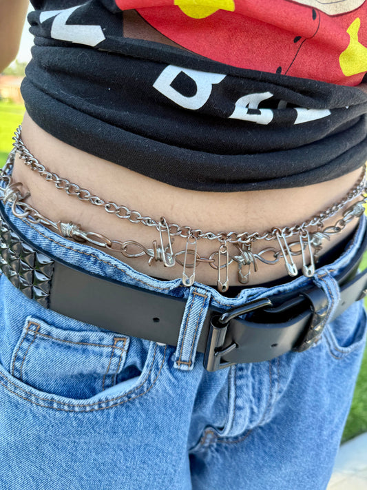 Silver Over Copper Waist Beads Set – Twisted Chain with Paper Clips & Barbed Wire Centerpiece (2-Piece Adjustable)