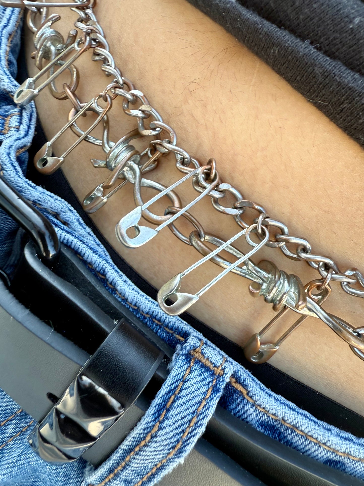 Silver Over Copper Waist Beads Set – Twisted Chain with Paper Clips & Barbed Wire Centerpiece (2-Piece Adjustable)