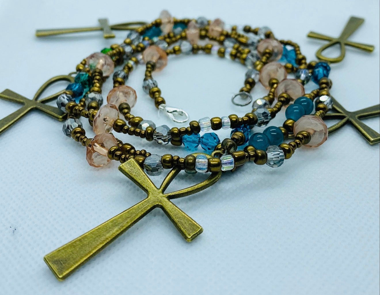Bronze Ankh Waist Beads with Rose Quartz & Chalcedony – Sacred Protection & Healing Energy