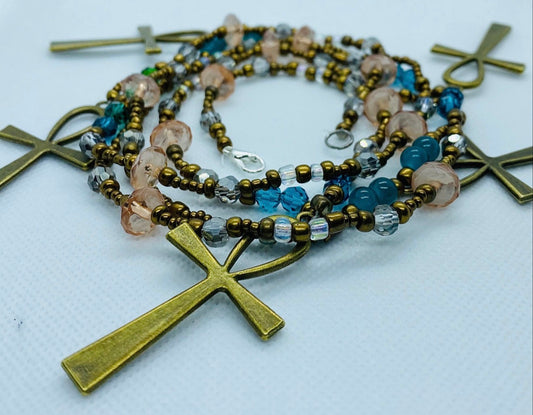 Bronze Ankh Waist Beads with Rose Quartz & Chalcedony – Sacred Protection & Healing Energy