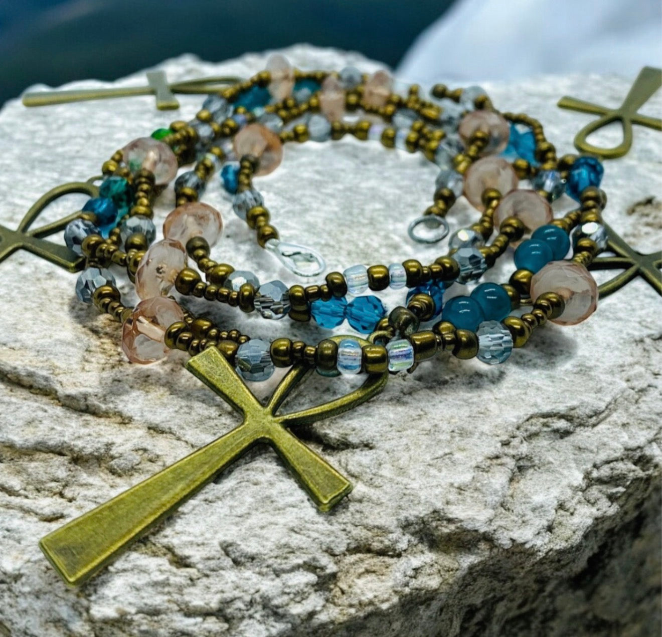 Bronze Ankh Waist Beads with Rose Quartz & Chalcedony – Sacred Protection & Healing Energy