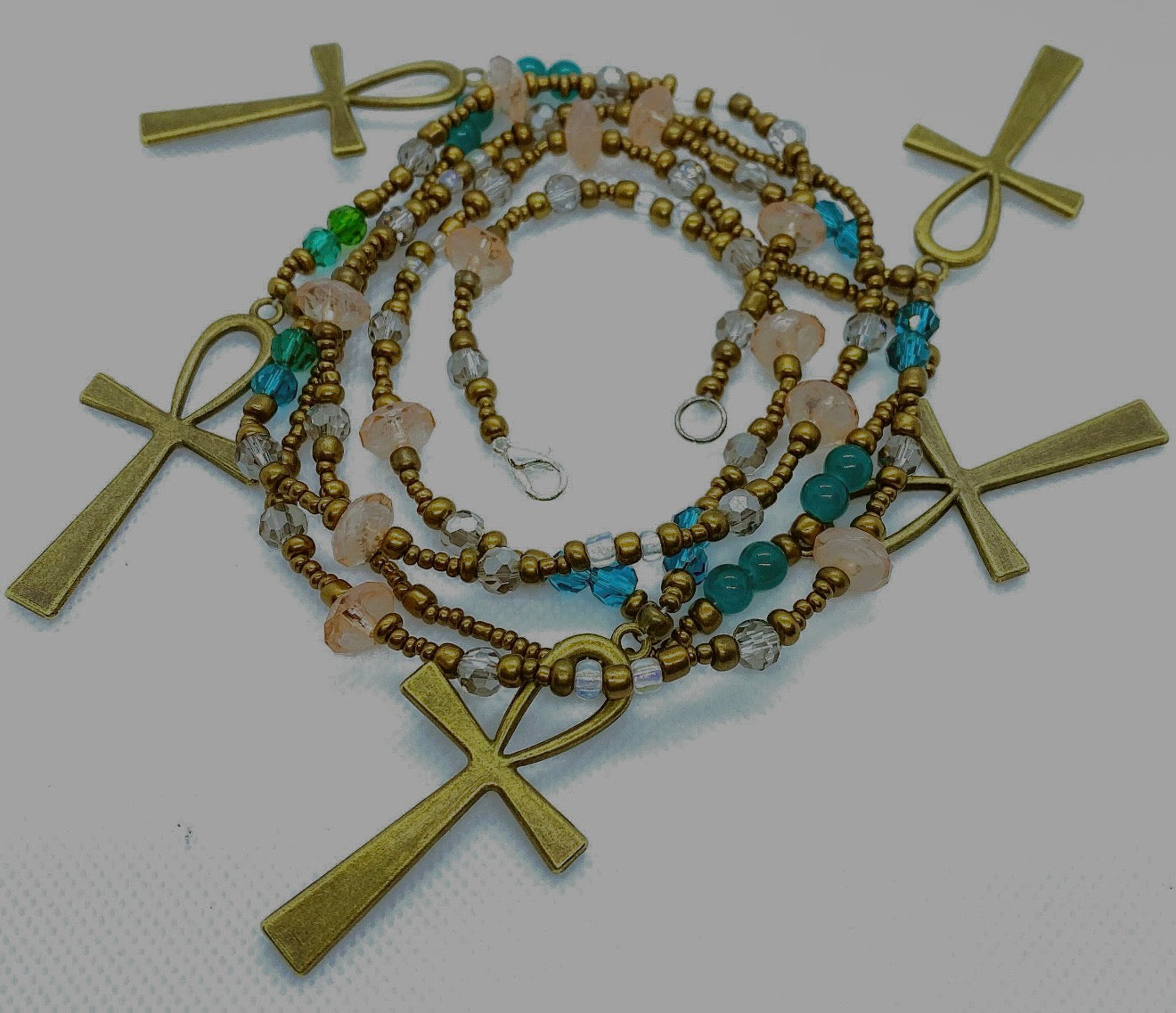 Bronze Ankh Waist Beads with Rose Quartz & Chalcedony – Sacred Protection & Healing Energy