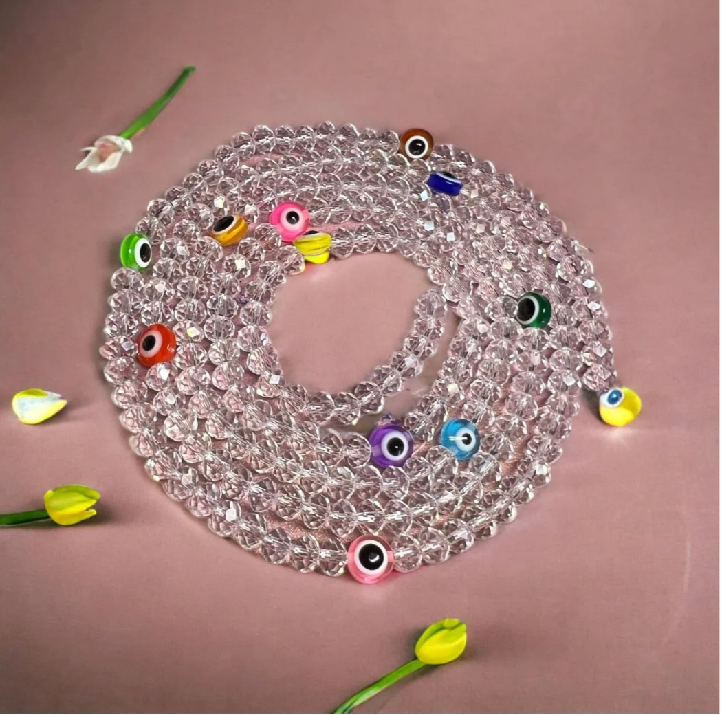 Crystal Evil Eye Waist Beads | Clear Glass Waist Beads with Multicolor Evil Eye Charms