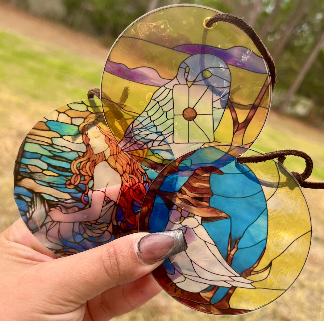 Faux Stained Glass Fantasy 3 piece Ornaments | Clear Acrylic Hanging Decor with Magical Owl, Enchanted Hat & Ethereal Maiden