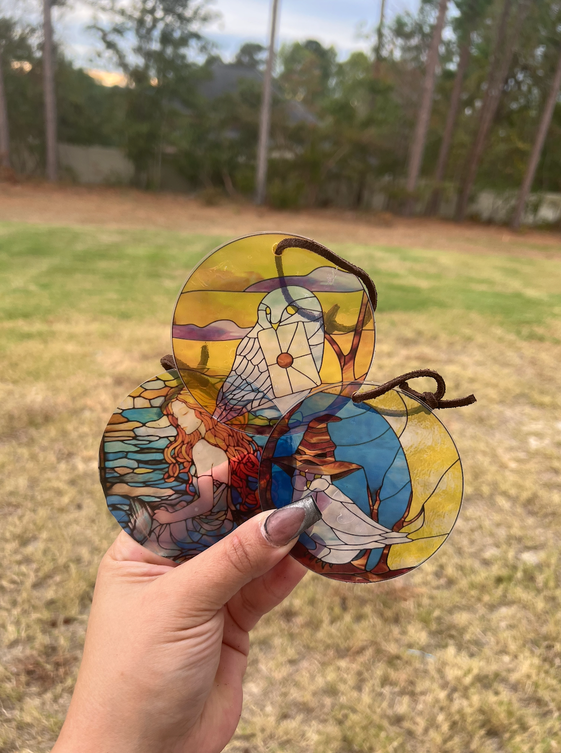 Faux Stained Glass Fantasy 3 piece Ornaments | Clear Acrylic Hanging Decor with Magical Owl, Enchanted Hat & Ethereal Maiden