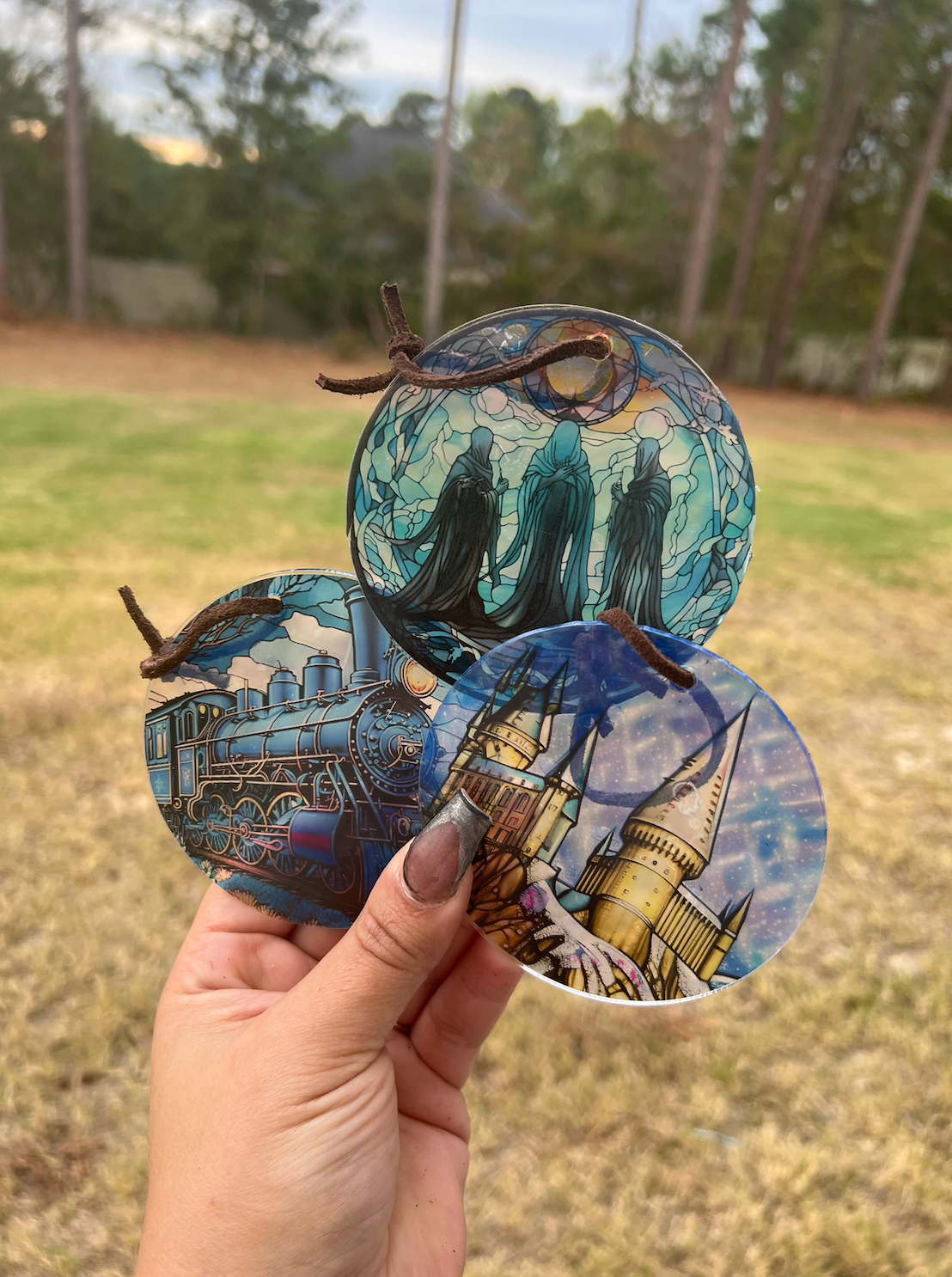 Faux Stained Glass Fantasy Ornament Collection | 6-Piece Acrylic Suncatcher Set Featuring Magical Owls, Enchanted Castle, Train & Cloaked Spirits | 4 Inch Ornaments