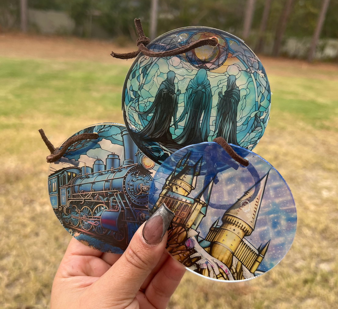 Faux Stained Glass Magical 3 Piece Ornaments | Blue Fantasy Acrylic Decor Featuring Enchanted Castle, Steam Train & Cloaked Spirits