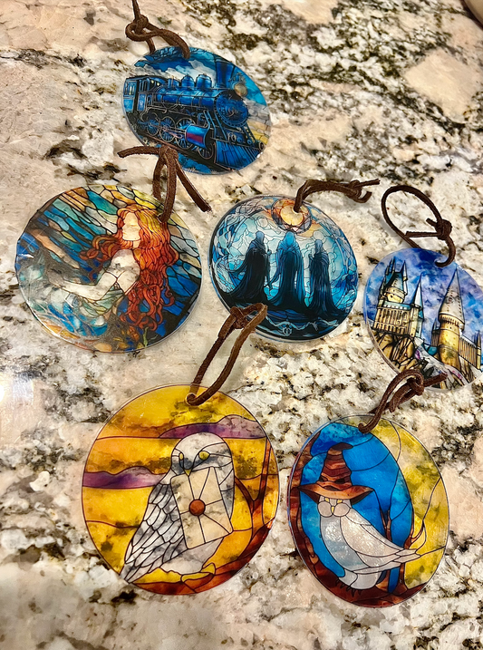 Faux Stained Glass Fantasy Ornament Collection | 6-Piece Acrylic Suncatcher Set Featuring Magical Owls, Enchanted Castle, Train & Cloaked Spirits | 4 Inch Ornaments